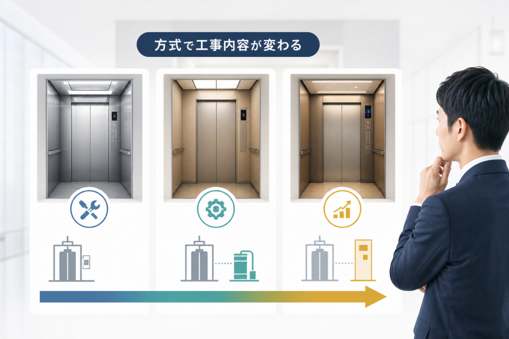 エレベーターリニューアルの方式で変わる工事内容と最適な選び方