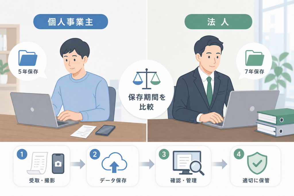 個人事業主と法人で全然違う！領収書の保存期間や実務フローを徹底比較