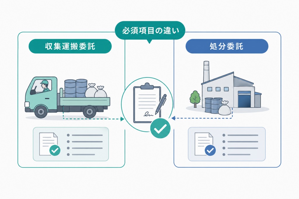 収集運搬委託と処分委託で「書き方」が変わる!必須項目の違いを一発チェック