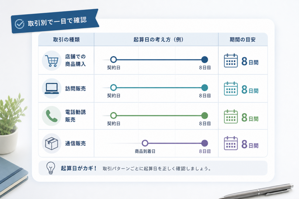 取引パターン別クーリングオフ期間や起算日の実務早見表で迷いゼロ