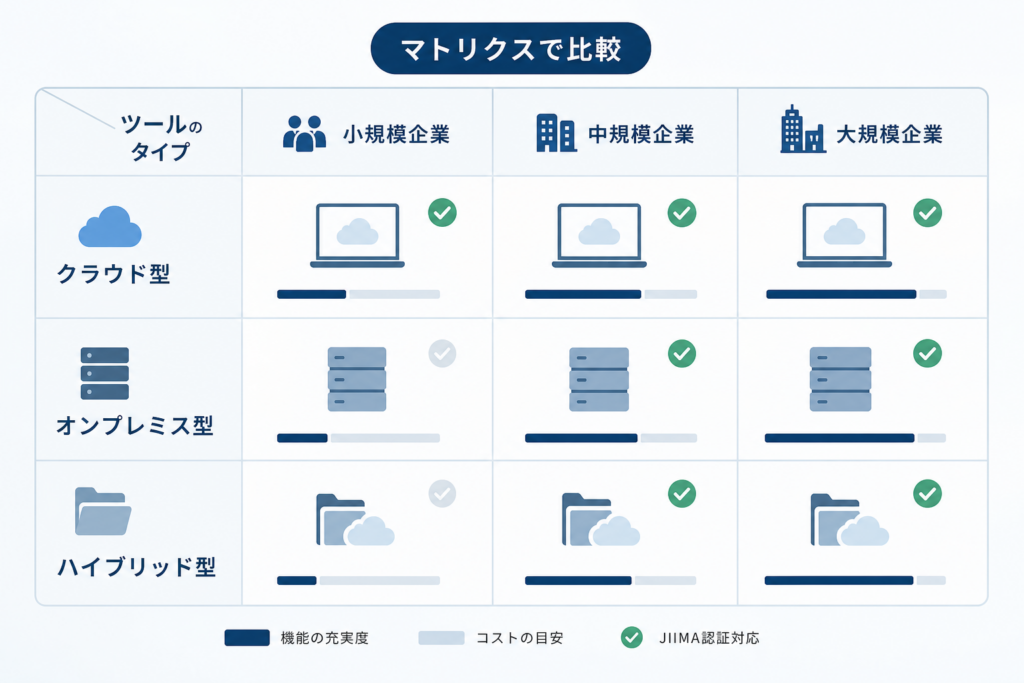 電子帳簿保存法に対応するツールの比較をタイプや規模別のマトリクスで一発把握