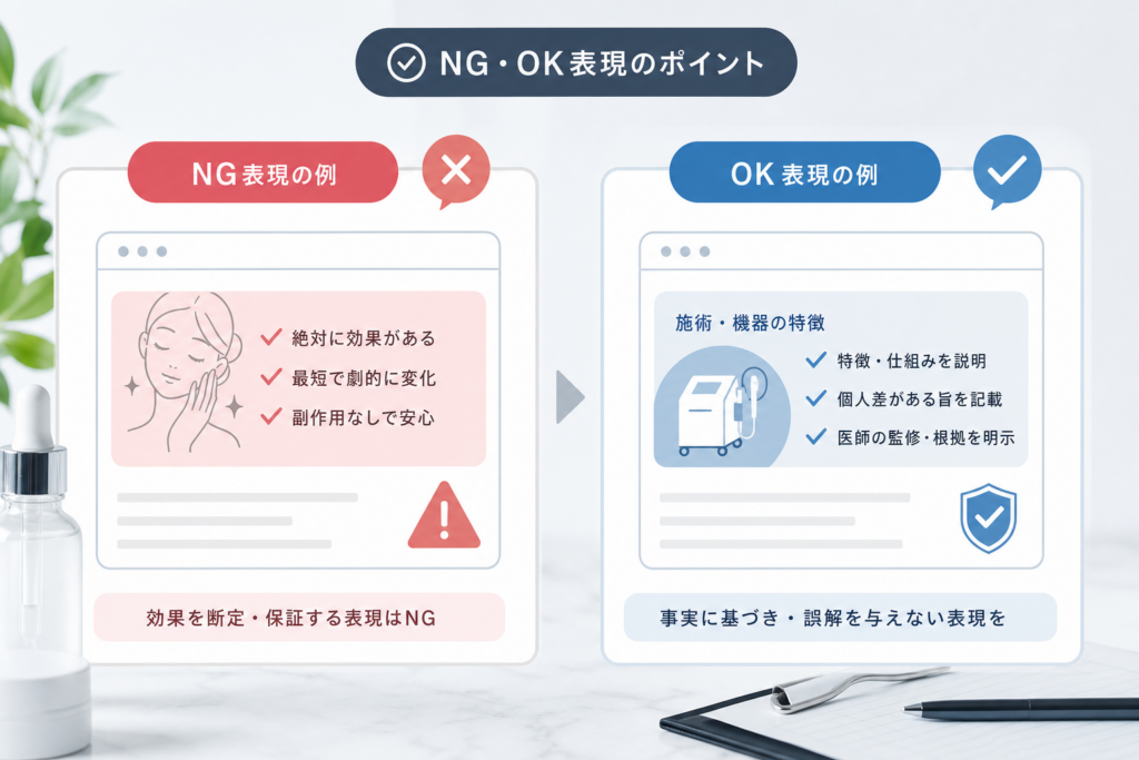 NG表現とOK表現を事例で一発理解!美容クリニックの広告規制対策テンプレ集