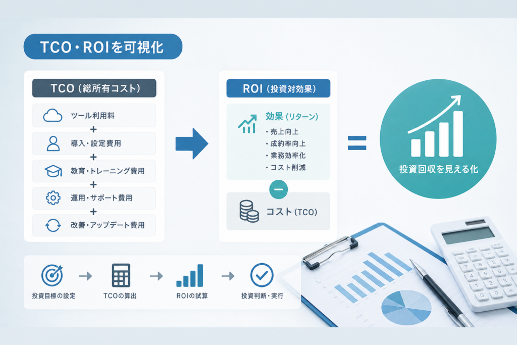 TCOやROIの計算でAI営業支援ツール導入費用を投資回収まで見える化