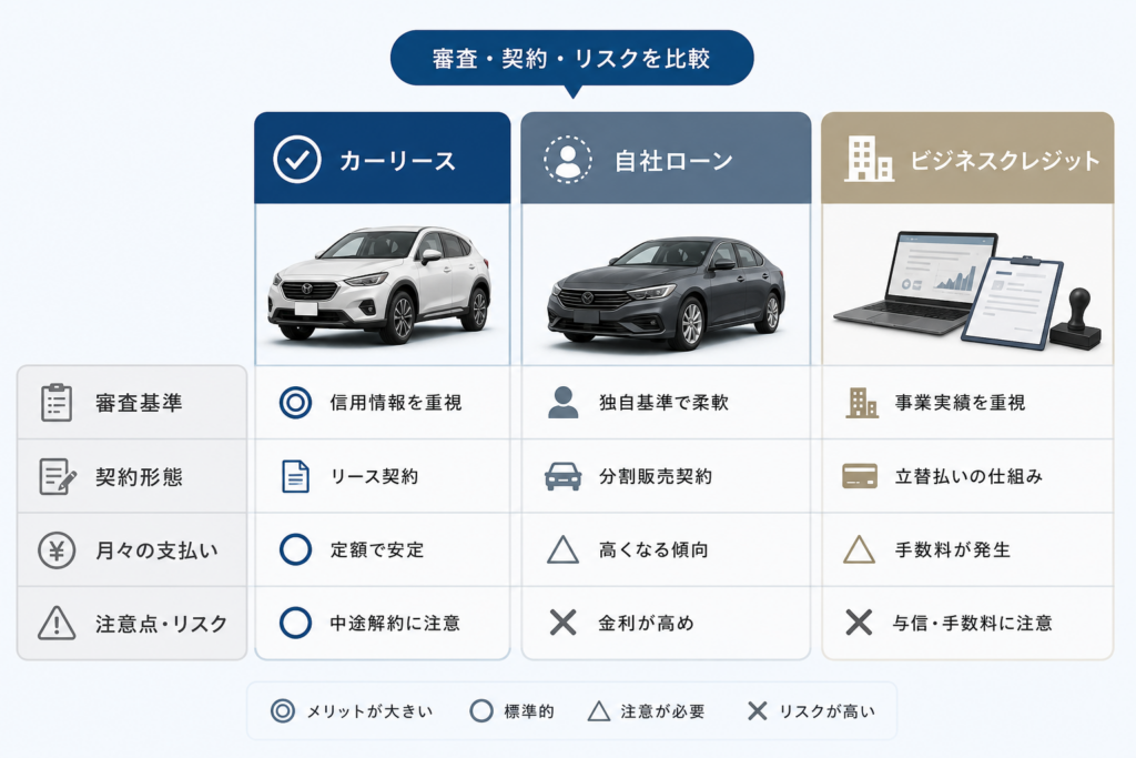 カーリースと自社ローン・ビジネスクレジットの違いと危険性比較