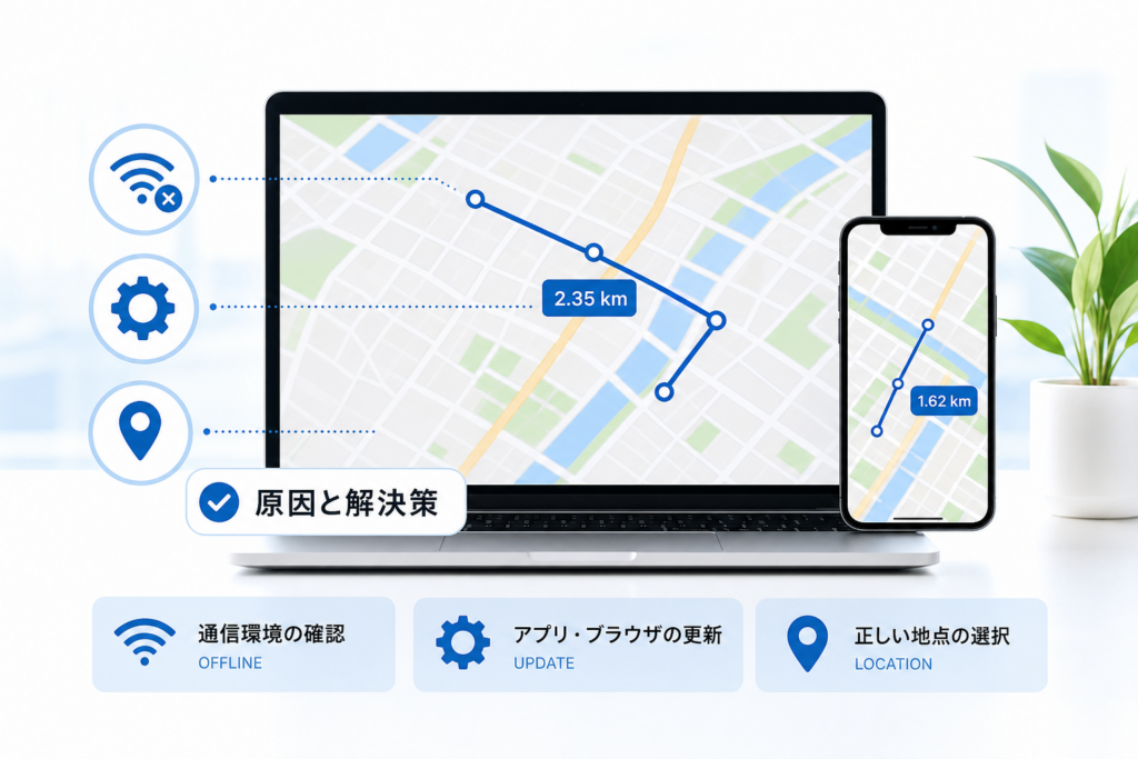 Googleマップで距離測定ができない場合の確認項目を示した説明用図版