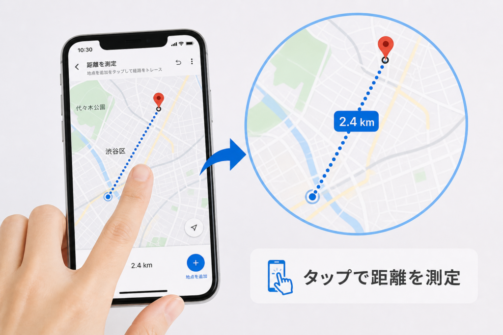 スマホでGoogleマップの距離を測定する操作を示した説明用図版