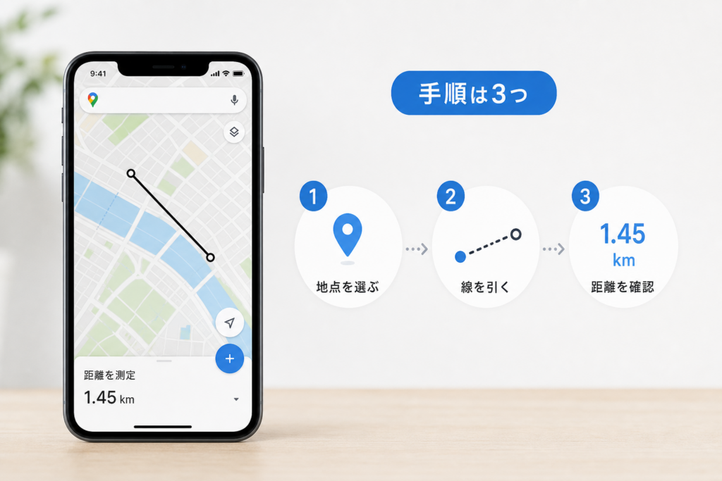 スマホでGoogleマップの距離を測定する手順を示した説明用図版